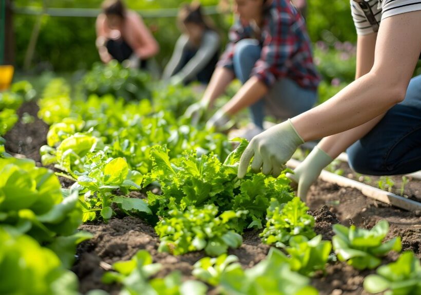 Students Planting and Tending Edible Vegetables in Sustainable School Garden Celebrate COMMUNITY ROOTS WITH US