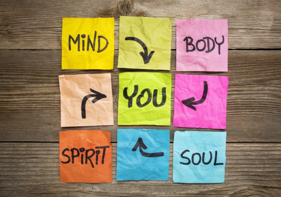 mind, body, spirit, soul and you - balance or wellbeing concept - handwriting on colorful sticky notes against grained wood